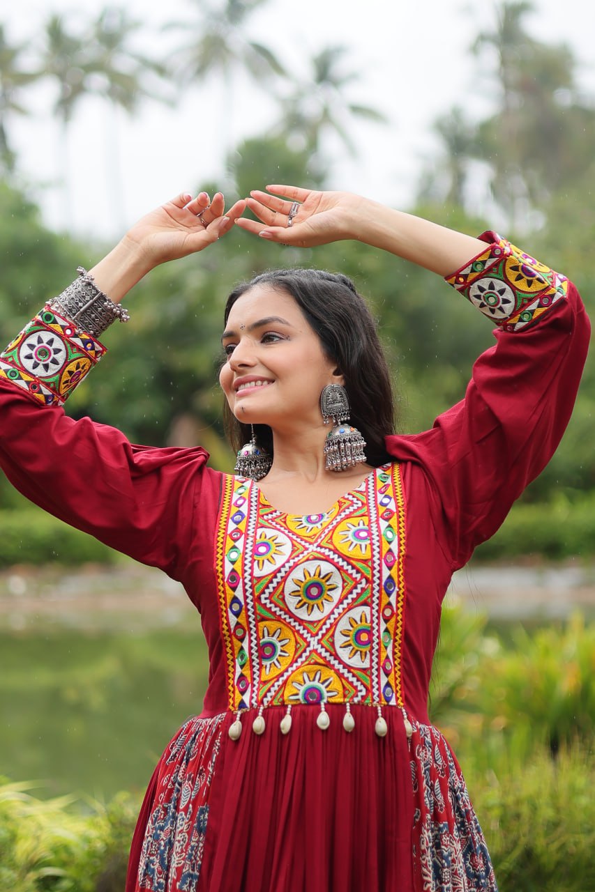 Spectacular Maroon Kutchi Gamthi Worked Navratri Wear Gown - INDIAN ELEGANCE