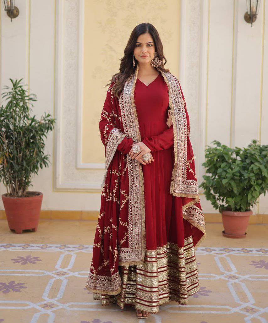 Majestic Maroon Faux Georgette Sequins Embroidered Designer Gown - INDIAN ELEGANCE