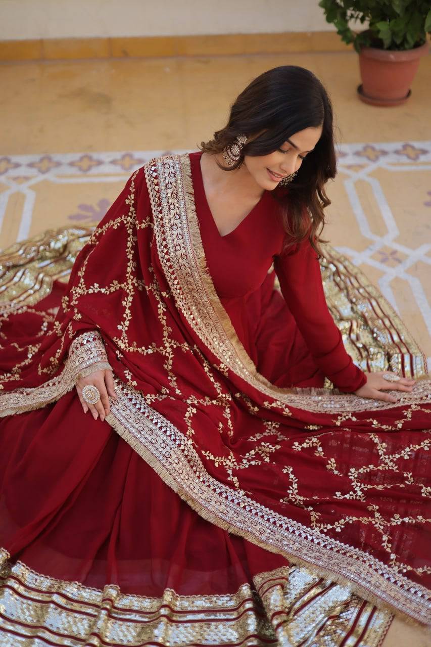 Majestic Maroon Faux Georgette Sequins Embroidered Designer Gown - INDIAN ELEGANCE
