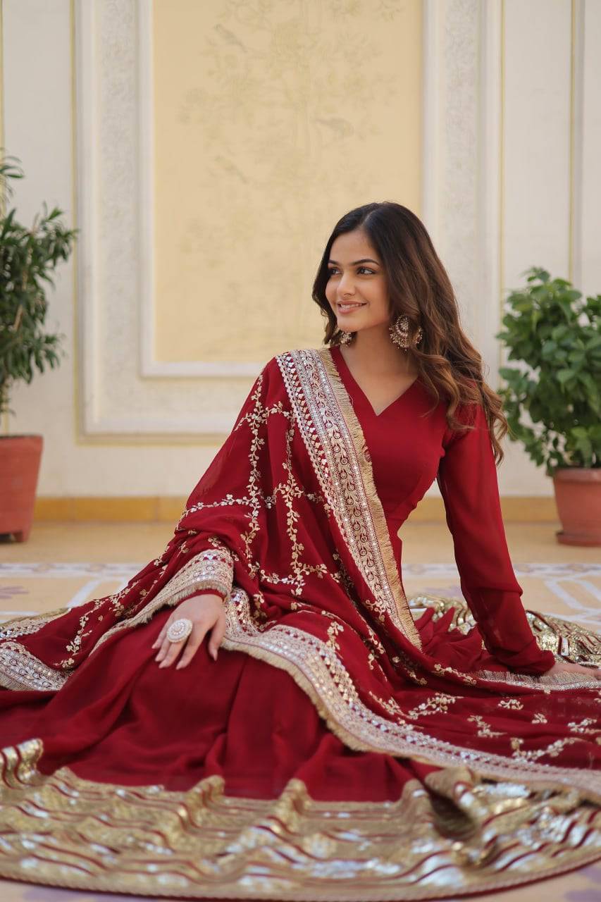 Majestic Maroon Faux Georgette Sequins Embroidered Designer Gown - INDIAN ELEGANCE