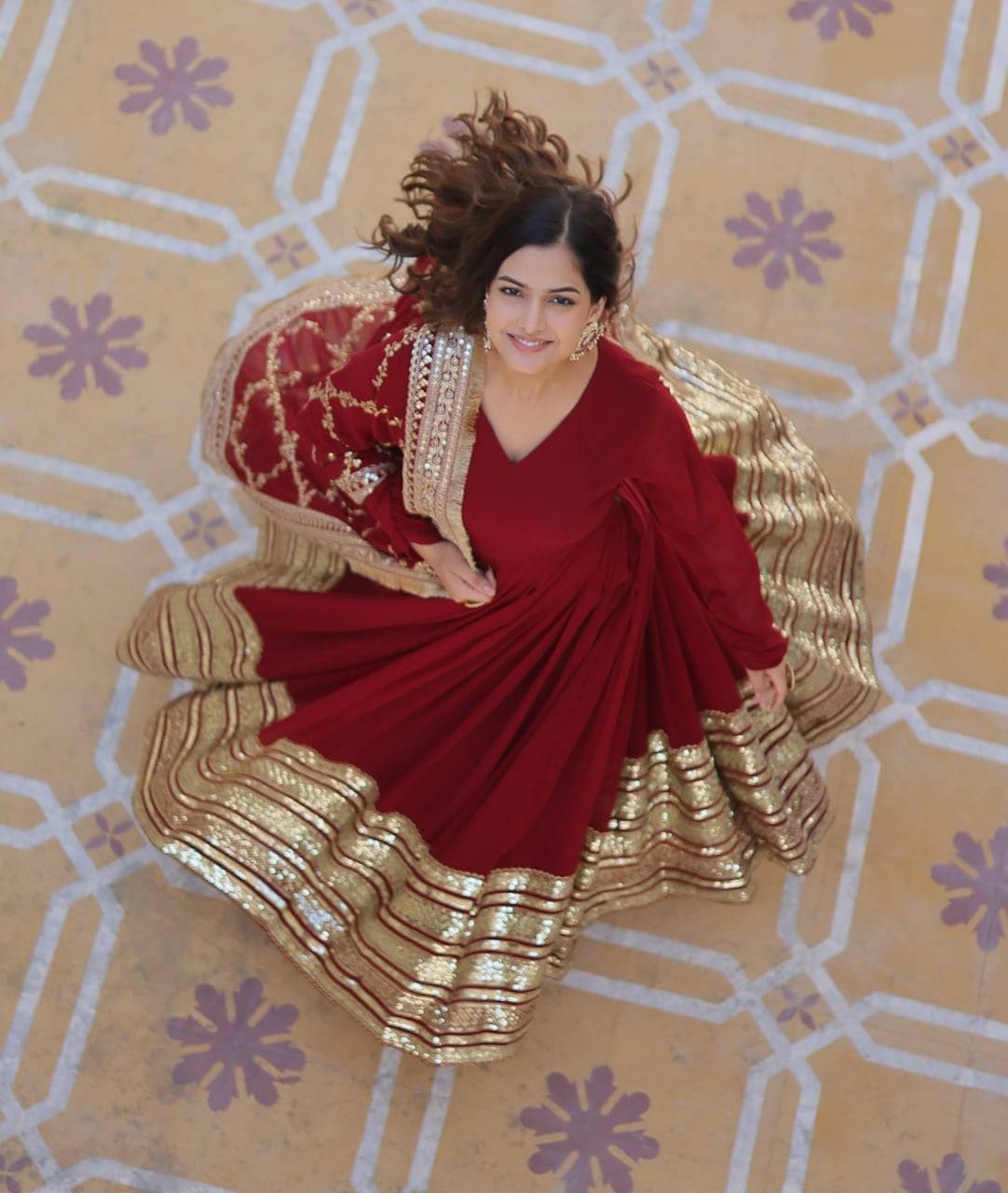 Majestic Maroon Faux Georgette Sequins Embroidered Designer Gown - INDIAN ELEGANCE