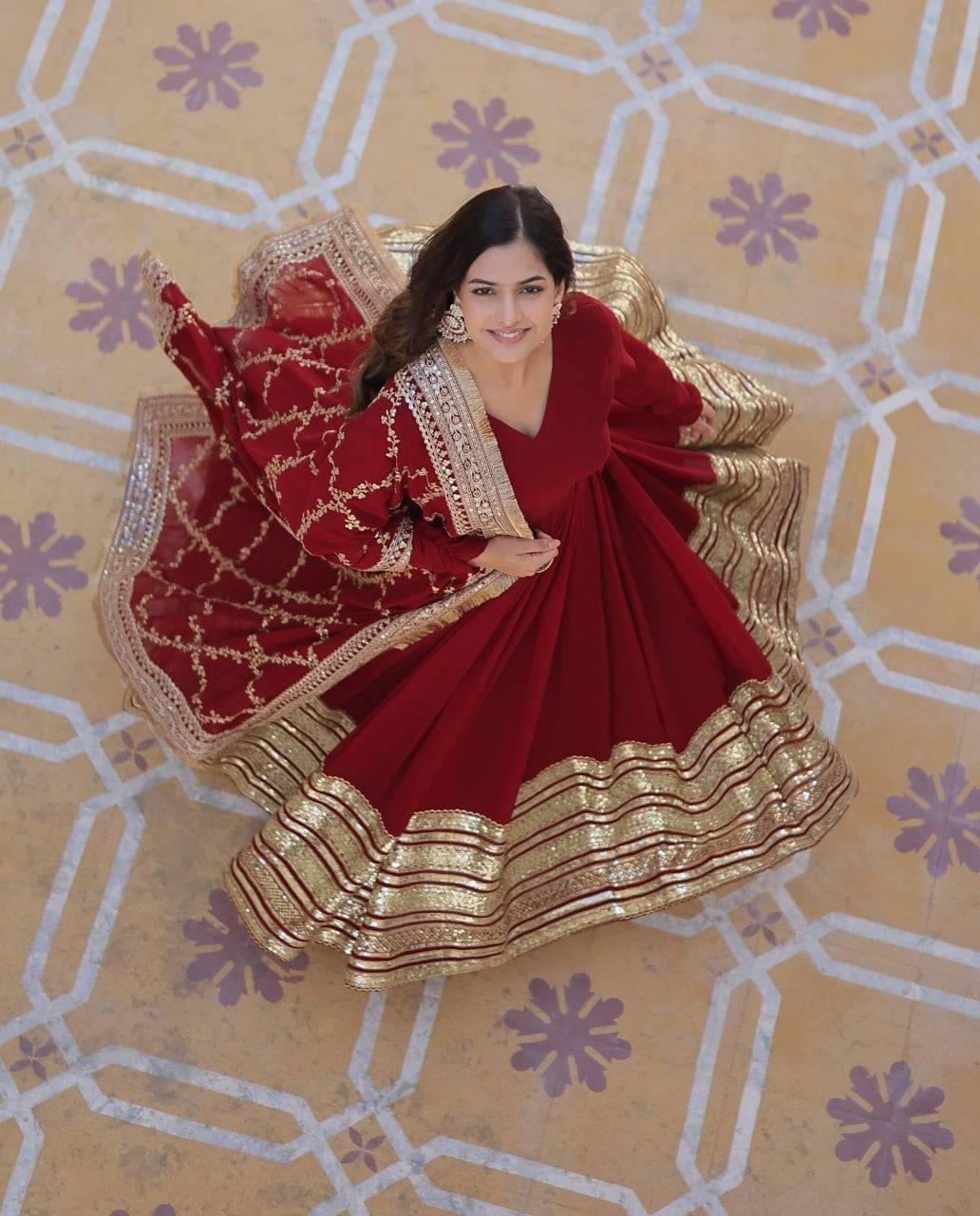 Majestic Maroon Faux Georgette Sequins Embroidered Designer Gown - INDIAN ELEGANCE
