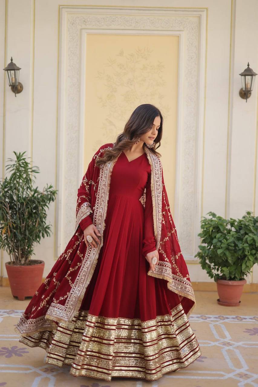 Majestic Maroon Faux Georgette Sequins Embroidered Designer Gown - INDIAN ELEGANCE