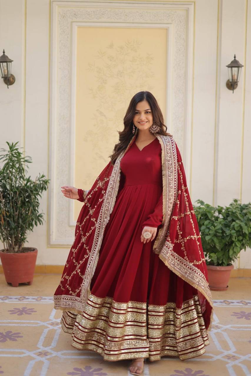Majestic Maroon Faux Georgette Sequins Embroidered Designer Gown - INDIAN ELEGANCE