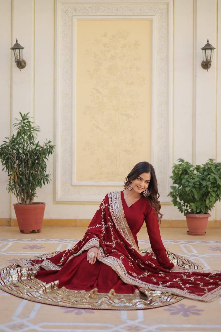 Majestic Maroon Faux Georgette Sequins Embroidered Designer Gown - INDIAN ELEGANCE