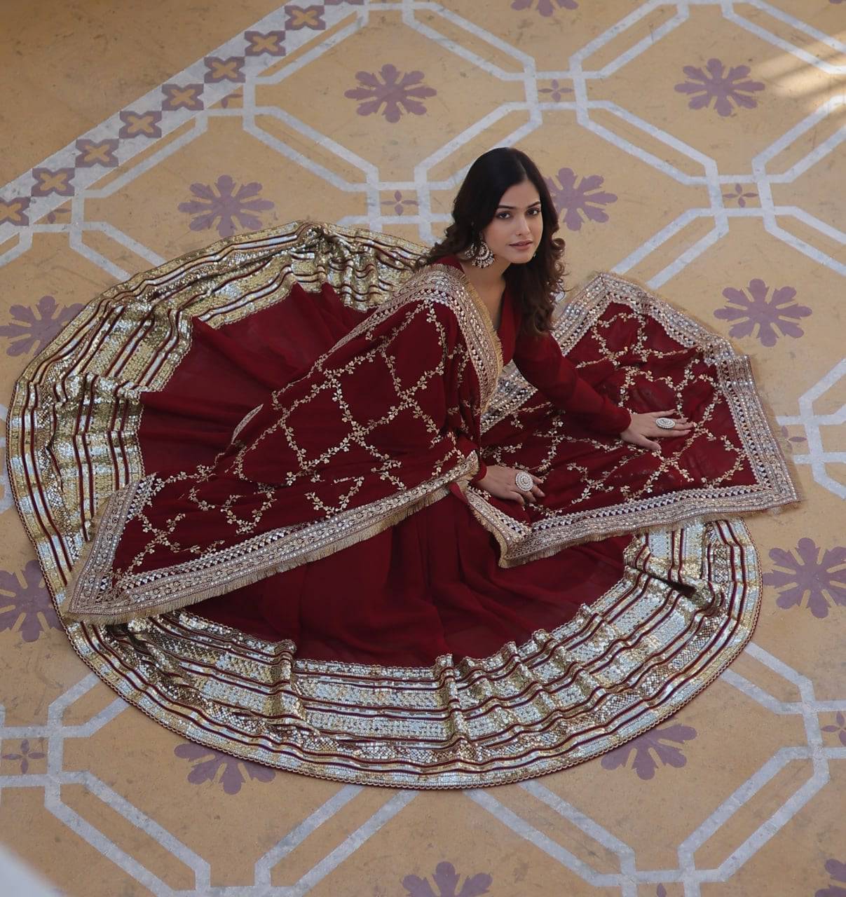 Majestic Maroon Faux Georgette Sequins Embroidered Designer Gown - INDIAN ELEGANCE