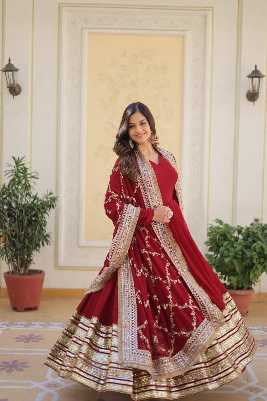 Majestic Maroon Faux Georgette Sequins Embroidered Designer Gown - INDIAN ELEGANCE
