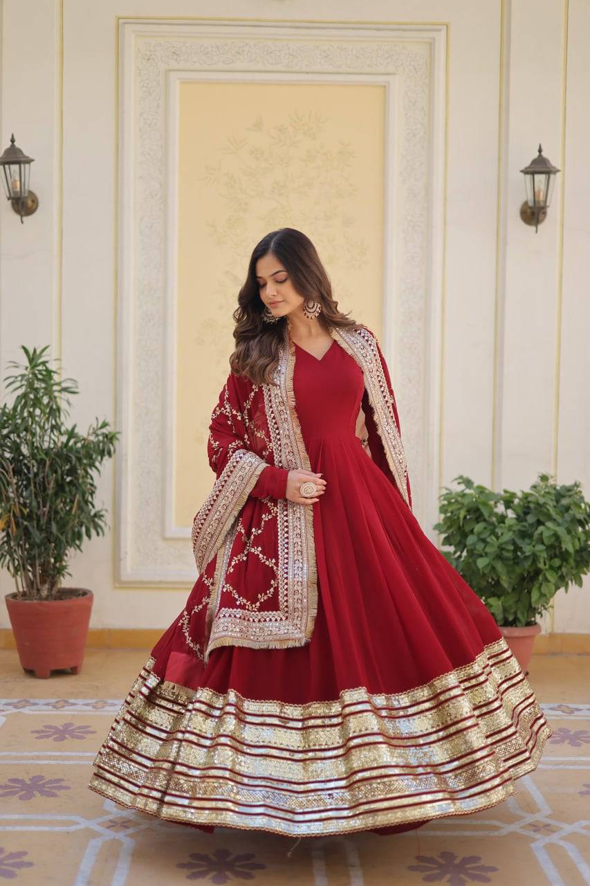 Majestic Maroon Faux Georgette Sequins Embroidered Designer Gown - INDIAN ELEGANCE