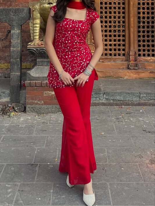 Red 90s Style Fish Cut Kurta Set with Bootcut Pants – Sequins Georgette Party Wear Outfit for Women | Farewell, Sangeet, College & Wedding Look