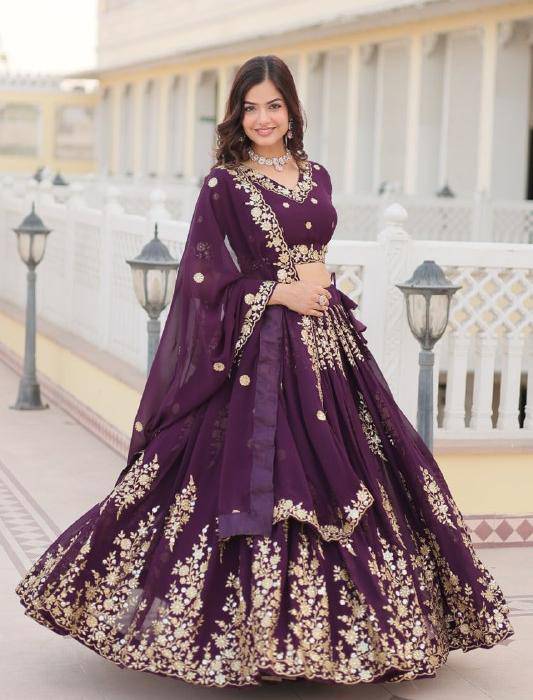 Graceful Wine Faux Georgette Wedding Wear Lehenga Choli - INDIAN ELEGANCE