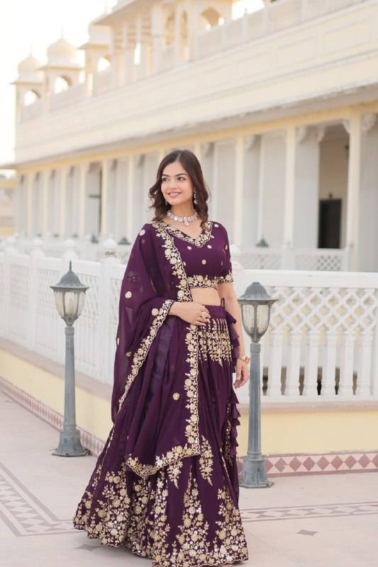 Graceful Wine Faux Georgette Wedding Wear Lehenga Choli - INDIAN ELEGANCE