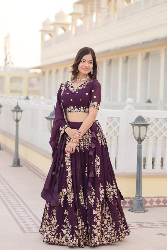 Graceful Wine Faux Georgette Wedding Wear Lehenga Choli - INDIAN ELEGANCE