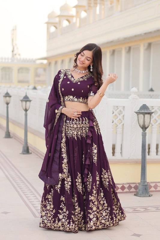 Graceful Wine Faux Georgette Wedding Wear Lehenga Choli - INDIAN ELEGANCE