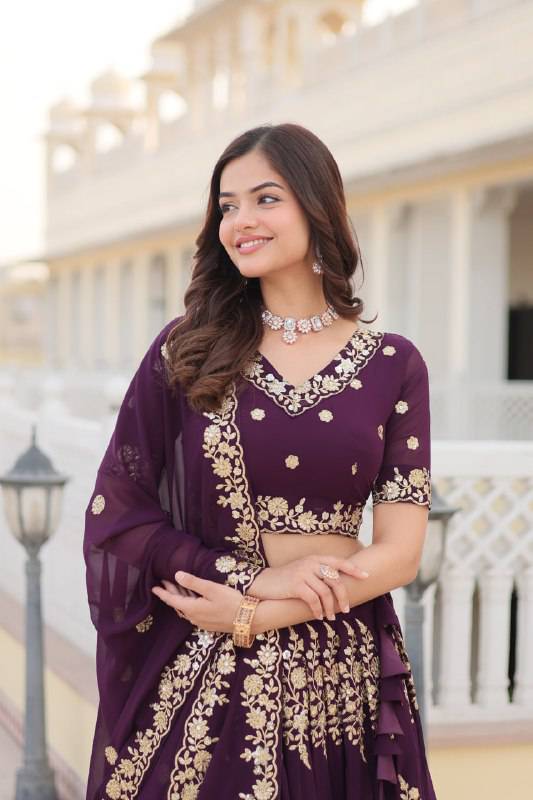 Graceful Wine Faux Georgette Wedding Wear Lehenga Choli - INDIAN ELEGANCE