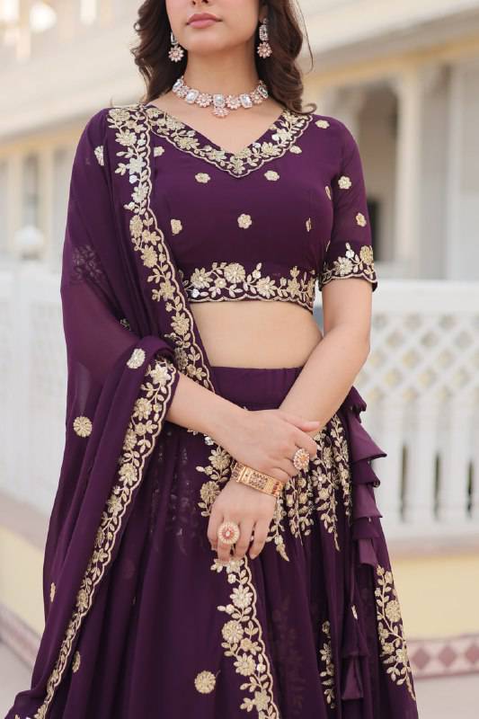 Graceful Wine Faux Georgette Wedding Wear Lehenga Choli - INDIAN ELEGANCE