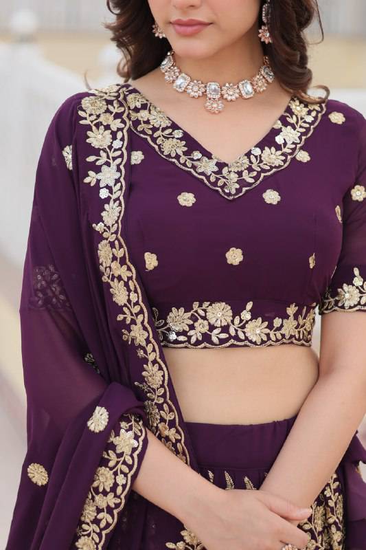 Graceful Wine Faux Georgette Wedding Wear Lehenga Choli - INDIAN ELEGANCE