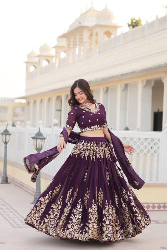 Graceful Wine Faux Georgette Wedding Wear Lehenga Choli - INDIAN ELEGANCE