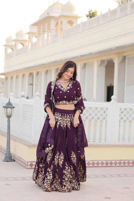 Graceful Wine Faux Georgette Wedding Wear Lehenga Choli - INDIAN ELEGANCE