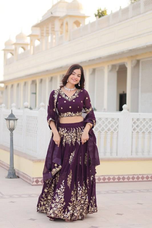 Graceful Wine Faux Georgette Wedding Wear Lehenga Choli - INDIAN ELEGANCE