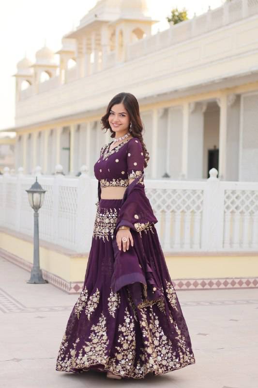 Graceful Wine Faux Georgette Wedding Wear Lehenga Choli - INDIAN ELEGANCE