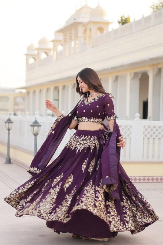 Graceful Wine Faux Georgette Wedding Wear Lehenga Choli - INDIAN ELEGANCE