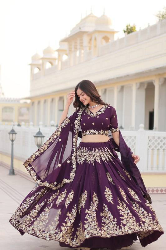 Graceful Wine Faux Georgette Wedding Wear Lehenga Choli - INDIAN ELEGANCE