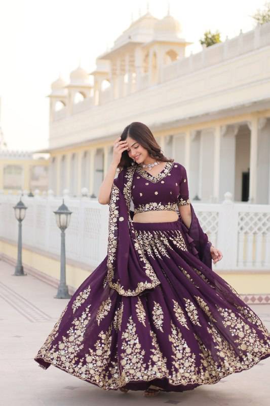 Graceful Wine Faux Georgette Wedding Wear Lehenga Choli - INDIAN ELEGANCE