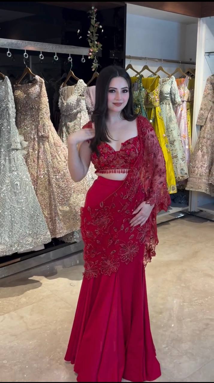Red Fish Cut Lehenga Saree with Embroidered Net Choli – 90s Style Ready-to-Wear Party Wear Saree for Women | Wedding, Sangeet, Reception & Farewell