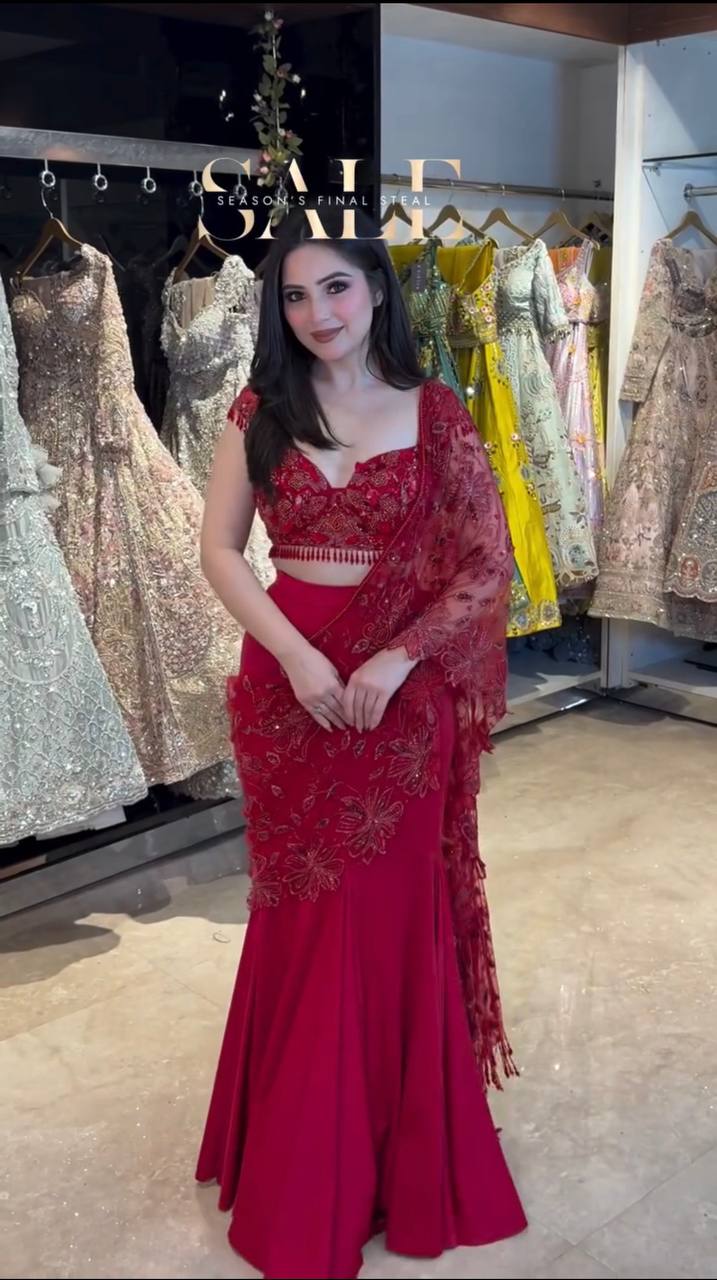 Red Fish Cut Lehenga Saree with Embroidered Net Choli – 90s Style Ready-to-Wear Party Wear Saree for Women | Wedding, Sangeet, Reception & Farewell