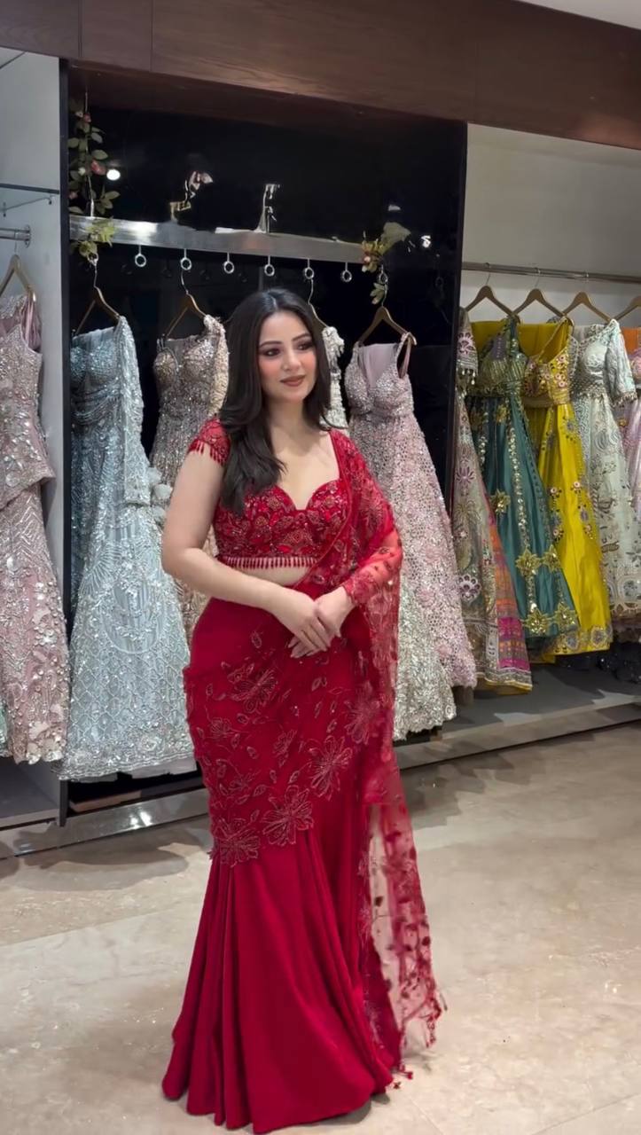 Red Fish Cut Lehenga Saree with Embroidered Net Choli – 90s Style Ready-to-Wear Party Wear Saree for Women | Wedding, Sangeet, Reception & Farewell