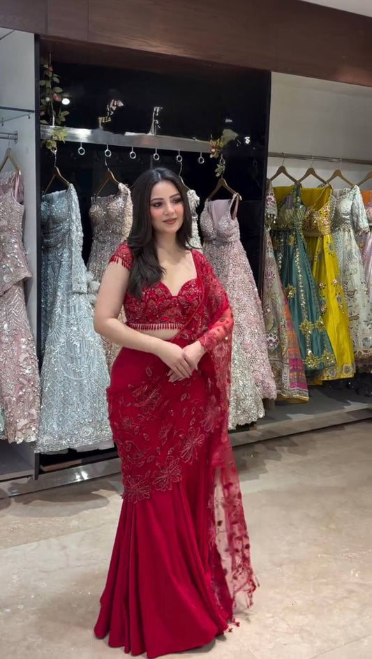 Red Fish Cut Lehenga Saree with Embroidered Net Choli – 90s Style Ready-to-Wear Party Wear Saree for Women | Wedding, Sangeet, Reception & Farewell