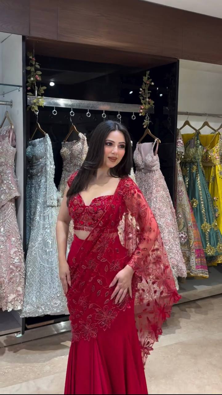 Red Fish Cut Lehenga Saree with Embroidered Net Choli – 90s Style Ready-to-Wear Party Wear Saree for Women | Wedding, Sangeet, Reception & Farewell