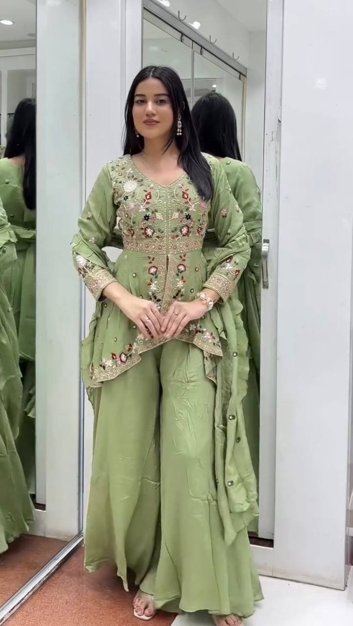 Designer Indo-Western Palazzo Suit Set for Women – Sequin Embroidered Rangoli Silk Outfit with Dupatta | Party Wear for Wedding, Sangeet & Farewell