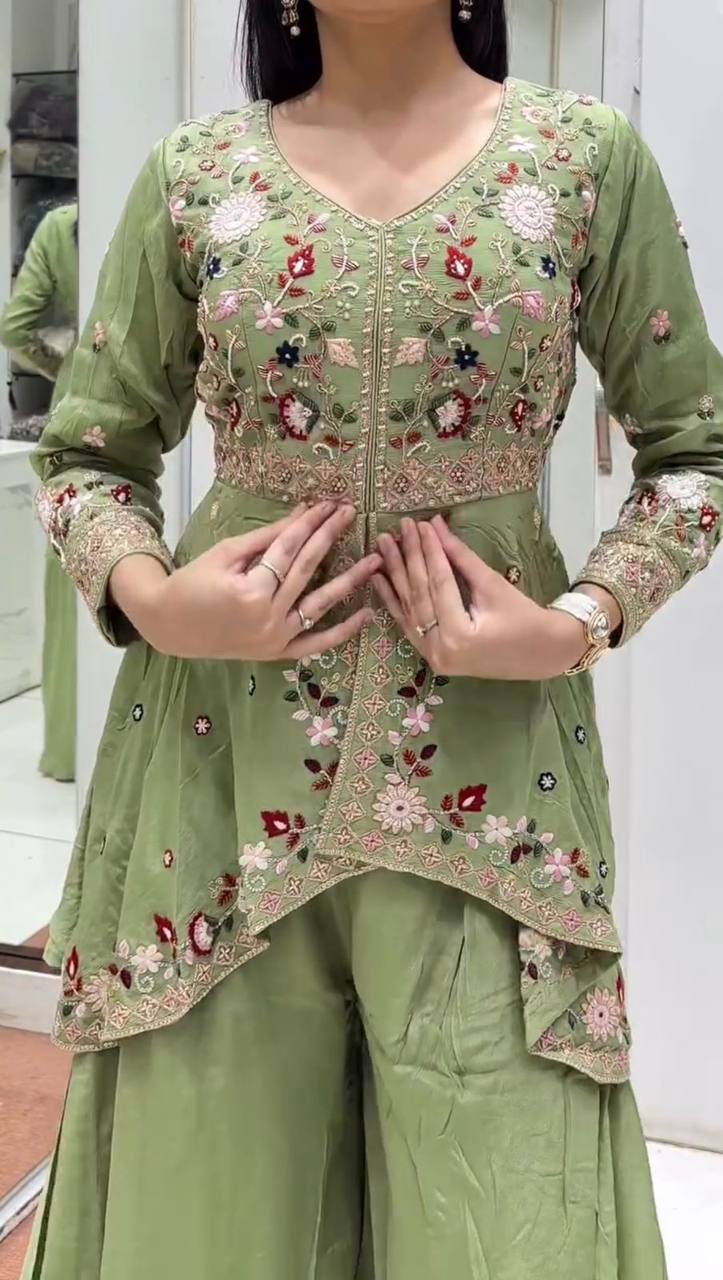Designer Indo-Western Palazzo Suit Set for Women – Sequin Embroidered Rangoli Silk Outfit with Dupatta | Party Wear for Wedding, Sangeet & Farewell