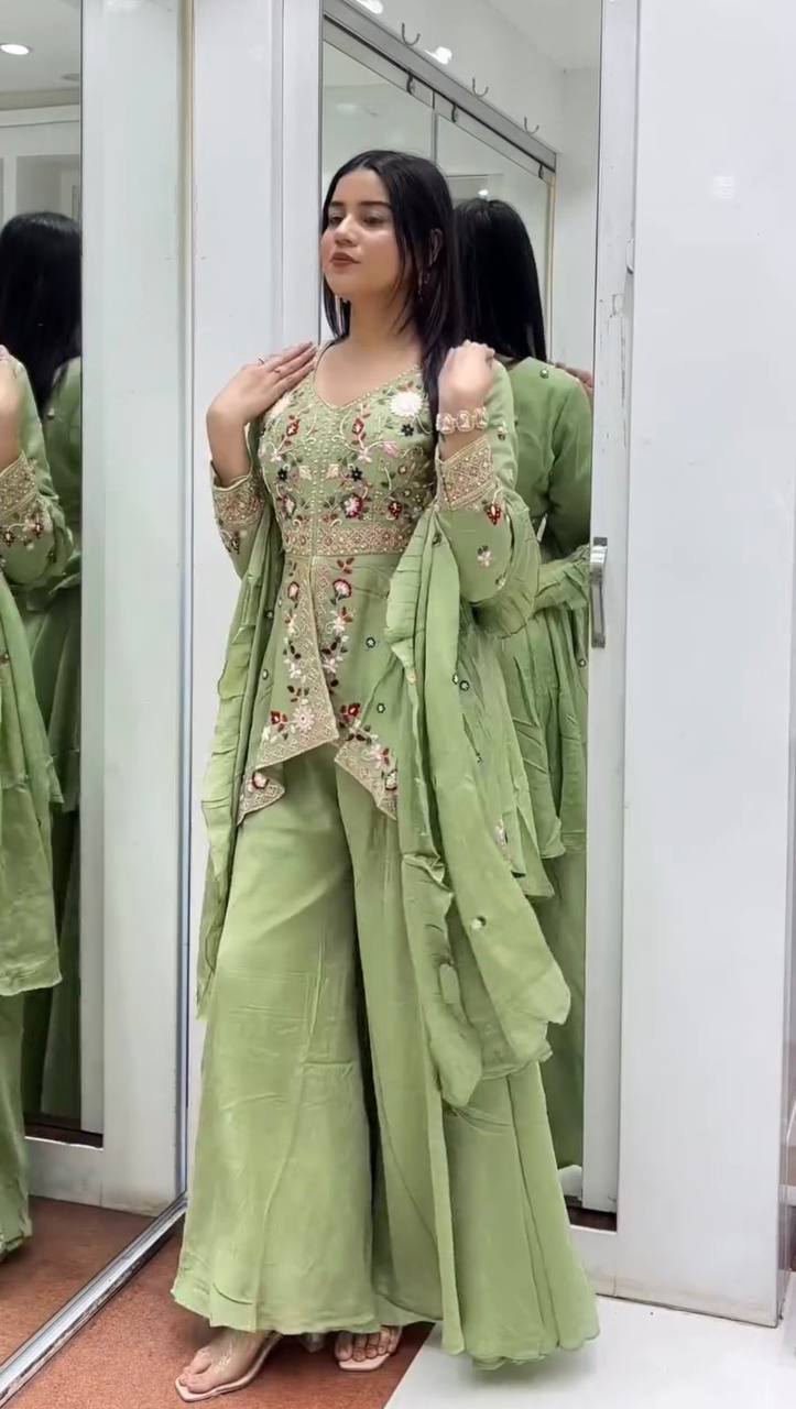 Designer Indo-Western Palazzo Suit Set for Women – Sequin Embroidered Rangoli Silk Outfit with Dupatta | Party Wear for Wedding, Sangeet & Farewell