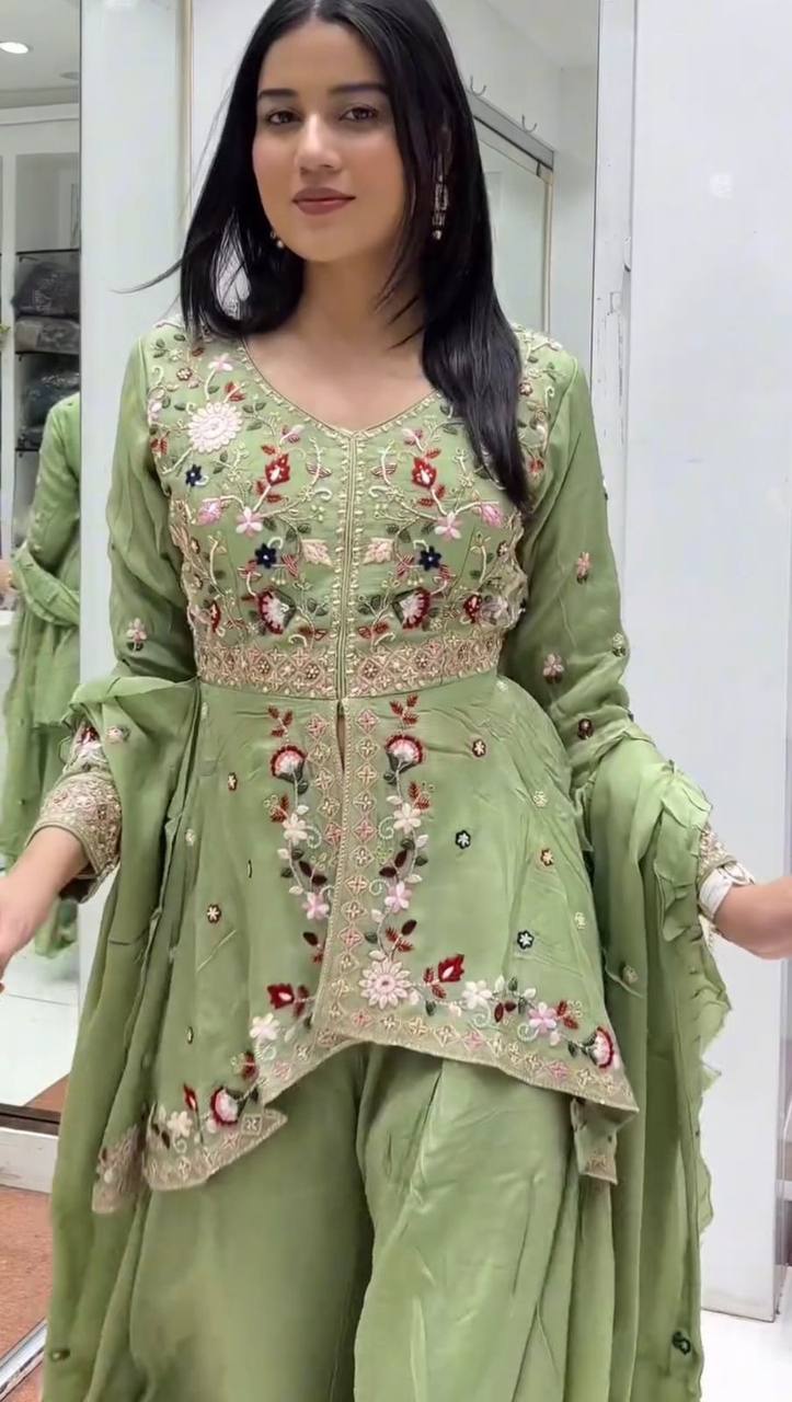 Designer Indo-Western Palazzo Suit Set for Women – Sequin Embroidered Rangoli Silk Outfit with Dupatta | Party Wear for Wedding, Sangeet & Farewell