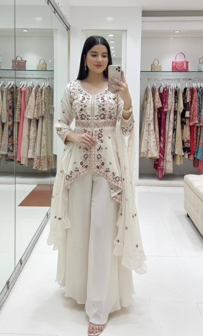 Designer Indo-Western Palazzo Suit Set for Women – Sequin Embroidered Rangoli Silk Outfit with Dupatta | Party Wear for Wedding, Sangeet & Farewell