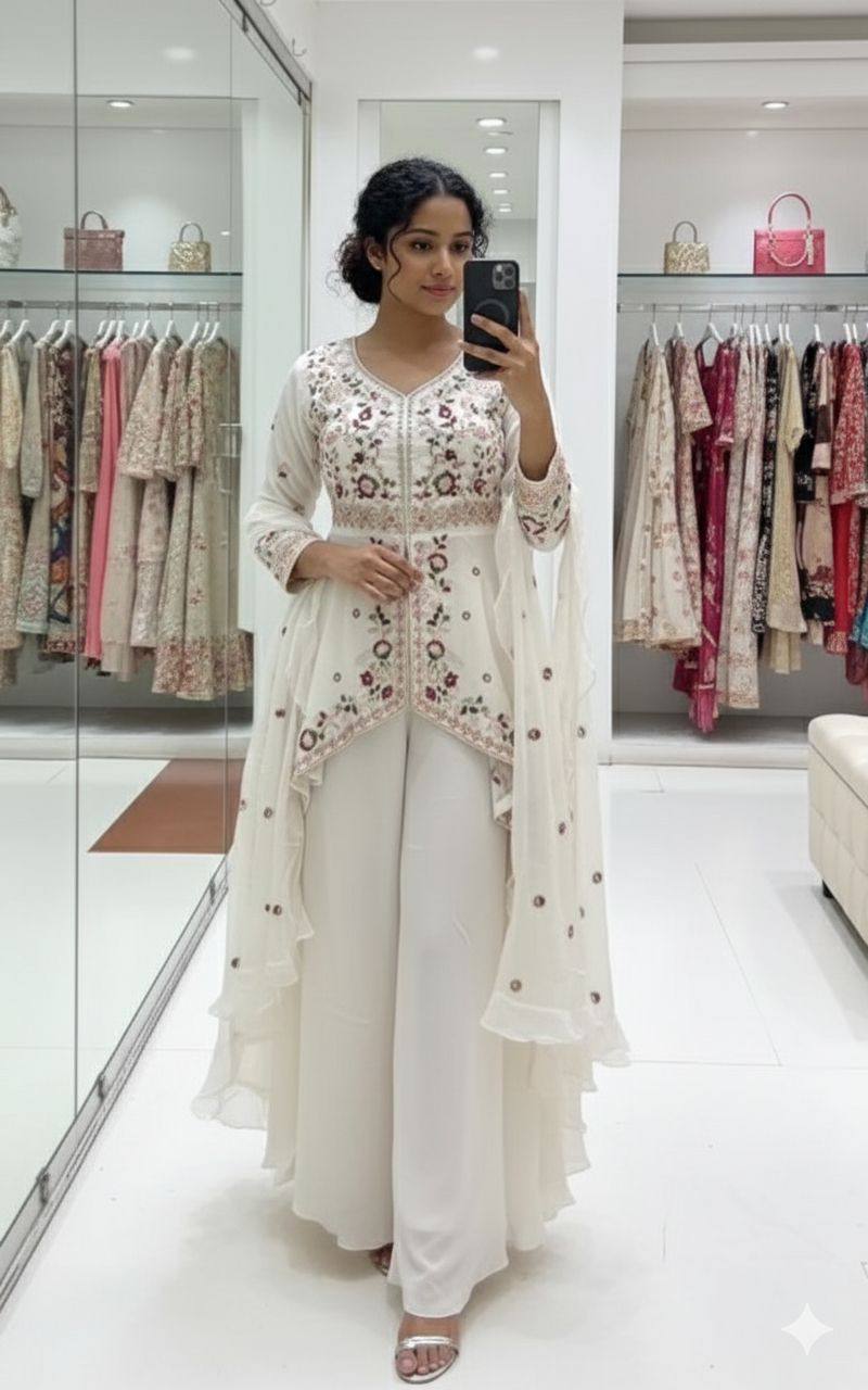 Designer Indo-Western Palazzo Suit Set for Women – Sequin Embroidered Rangoli Silk Outfit with Dupatta | Party Wear for Wedding, Sangeet & Farewell