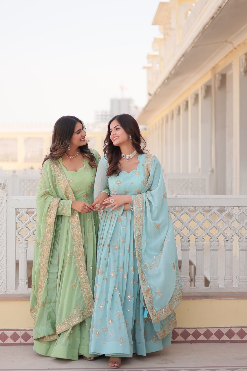 Gorgeous Faux Georgette Zari Sequins Embroidered Gown With Dupatta - INDIAN ELEGANCE