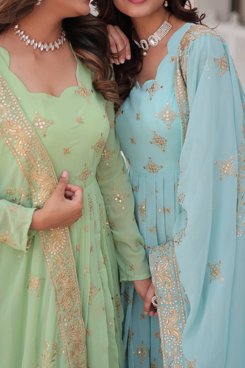 Gorgeous Faux Georgette Zari Sequins Embroidered Gown With Dupatta - INDIAN ELEGANCE