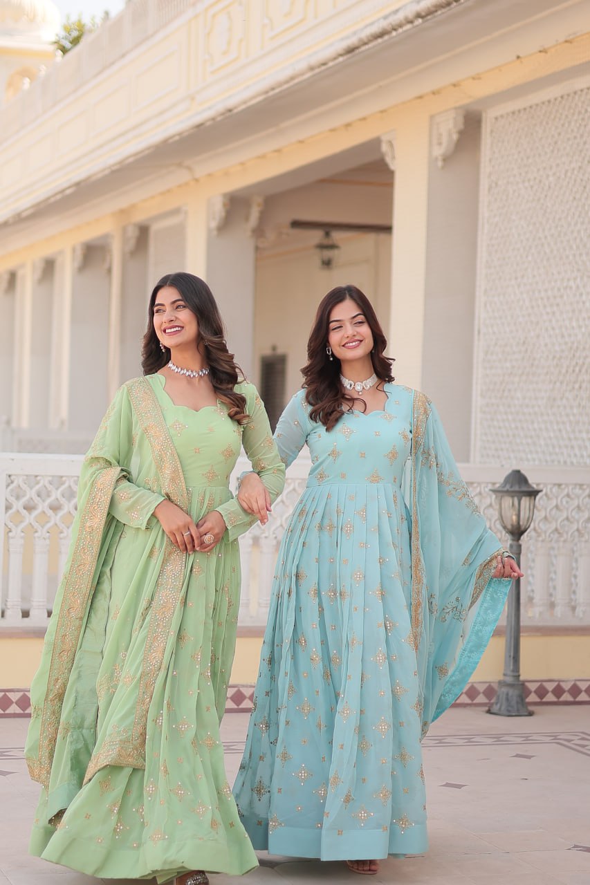 Gorgeous Faux Georgette Zari Sequins Embroidered Gown With Dupatta - INDIAN ELEGANCE