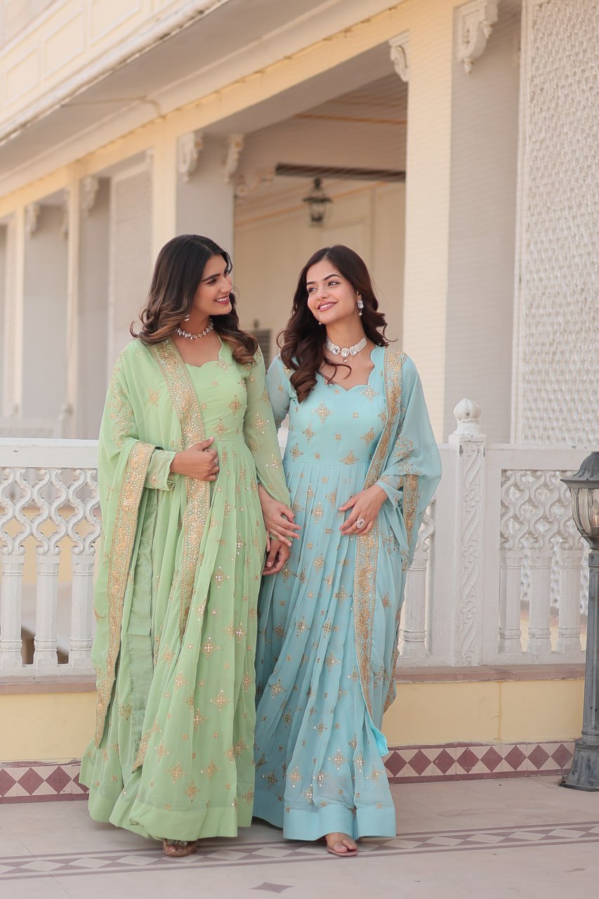 Gorgeous Faux Georgette Zari Sequins Embroidered Gown With Dupatta - INDIAN ELEGANCE