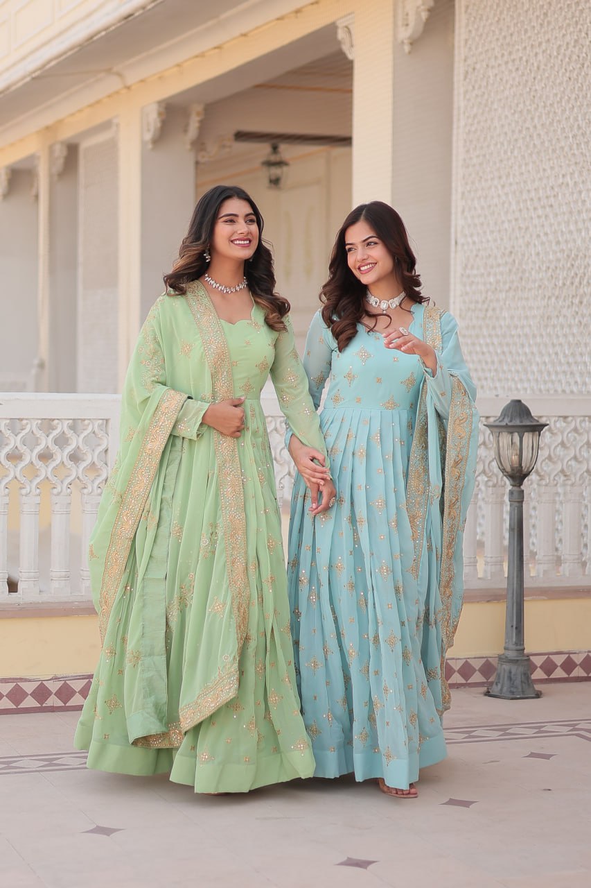 Gorgeous Faux Georgette Zari Sequins Embroidered Gown With Dupatta - INDIAN ELEGANCE