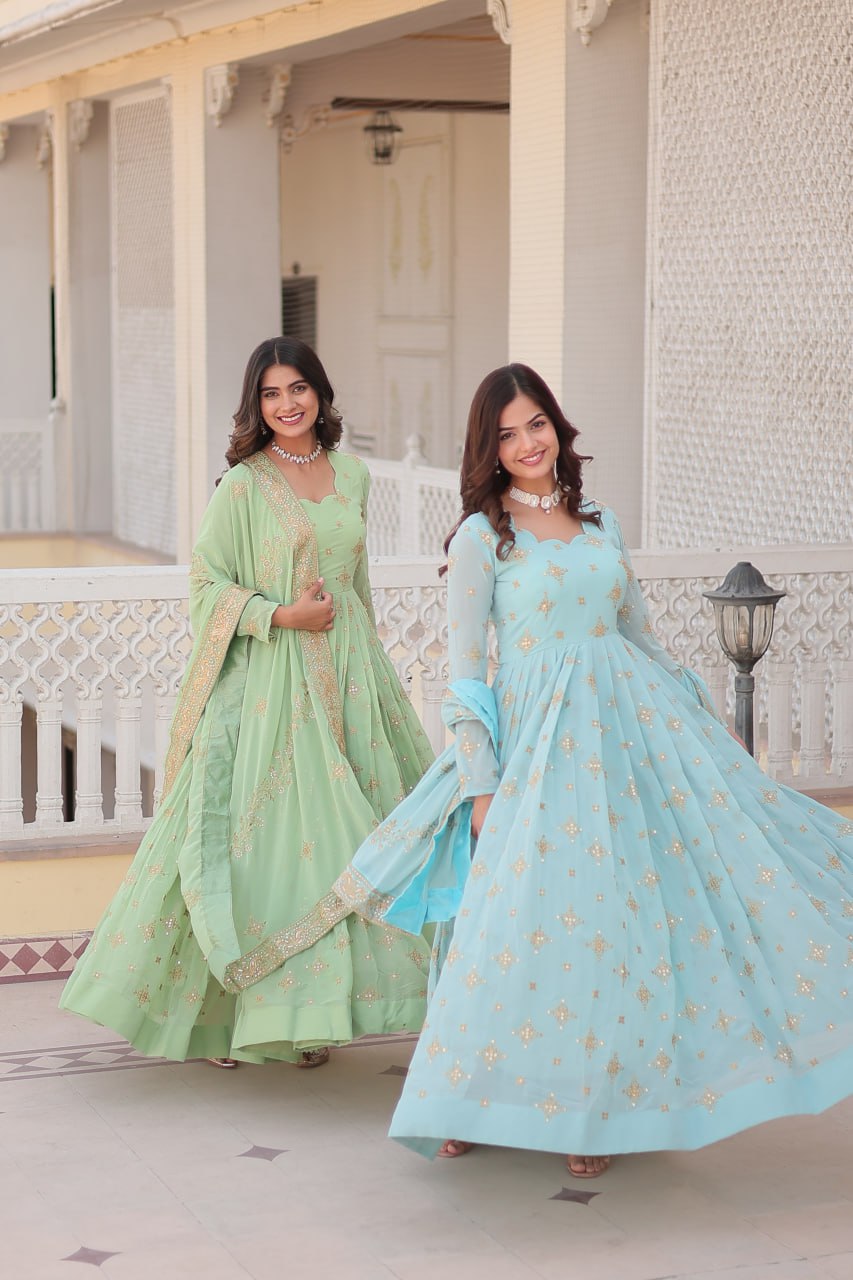 Gorgeous Faux Georgette Zari Sequins Embroidered Gown With Dupatta - INDIAN ELEGANCE
