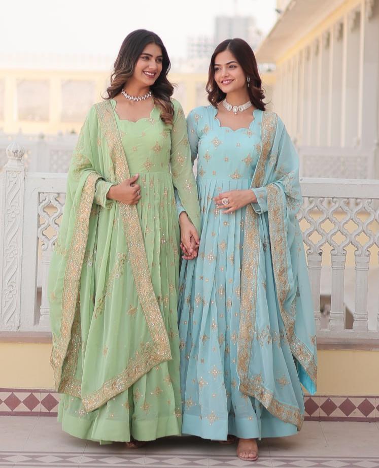 Gorgeous Faux Georgette Zari Sequins Embroidered Gown With Dupatta - INDIAN ELEGANCE