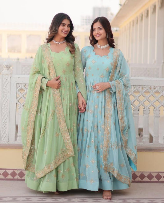 Gorgeous Faux Georgette Zari Sequins Embroidered Gown With Dupatta - INDIAN ELEGANCE