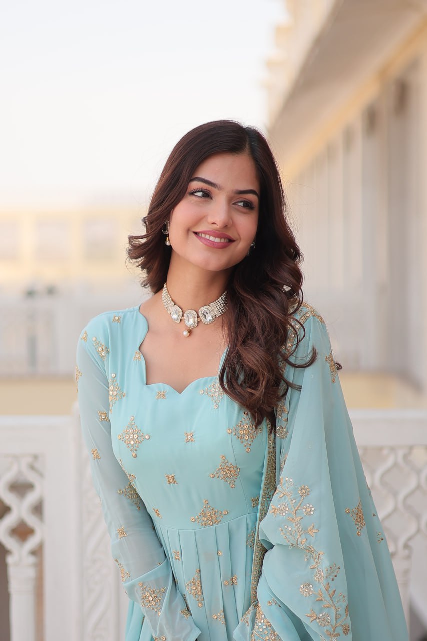 Gorgeous Faux Georgette Zari Sequins Embroidered Gown With Dupatta - INDIAN ELEGANCE