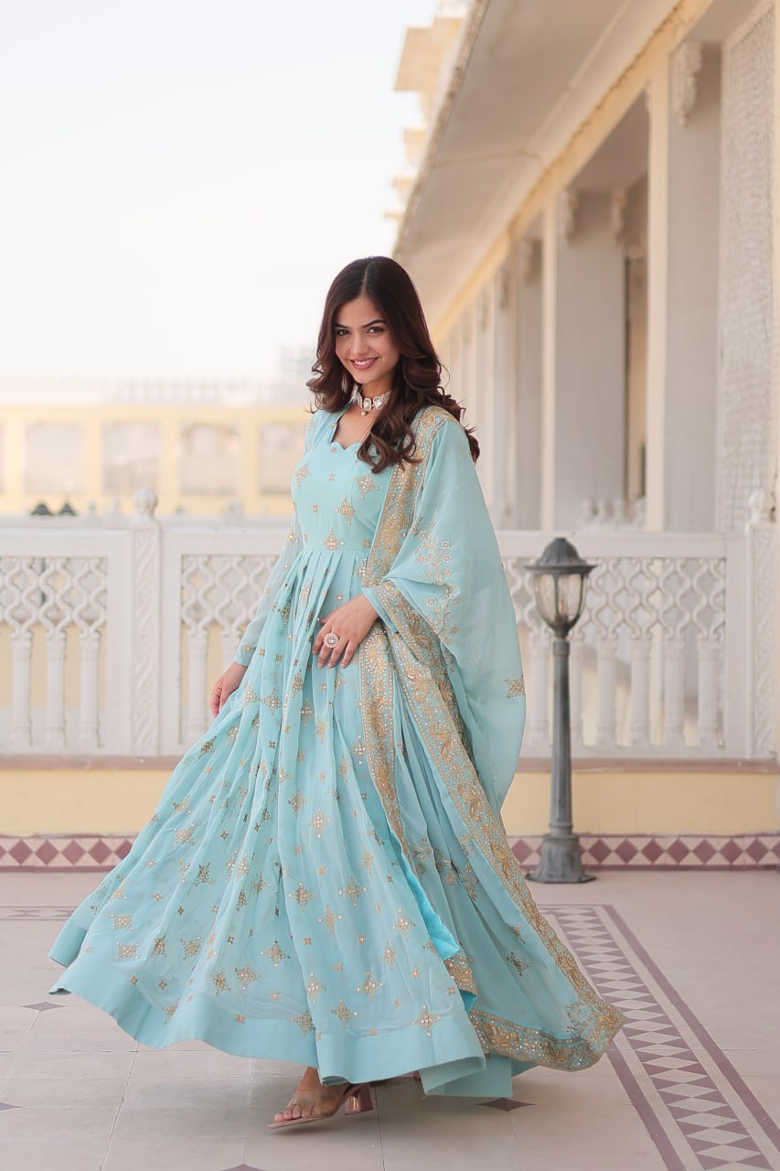 Gorgeous Faux Georgette Zari Sequins Embroidered Gown With Dupatta - INDIAN ELEGANCE