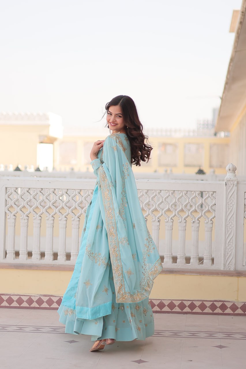 Gorgeous Faux Georgette Zari Sequins Embroidered Gown With Dupatta - INDIAN ELEGANCE