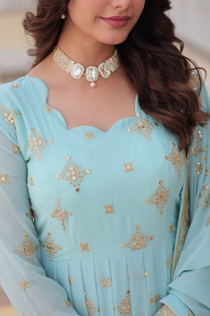 Gorgeous Faux Georgette Zari Sequins Embroidered Gown With Dupatta - INDIAN ELEGANCE
